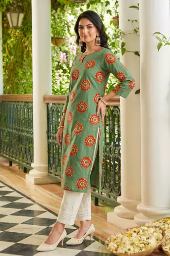 women green cotton ethnic motifs printed straight kurta