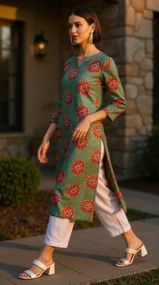 women green cotton ethnic motifs printed straight kurta 2