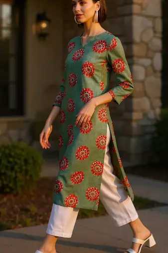 women green cotton ethnic motifs printed straight kurta