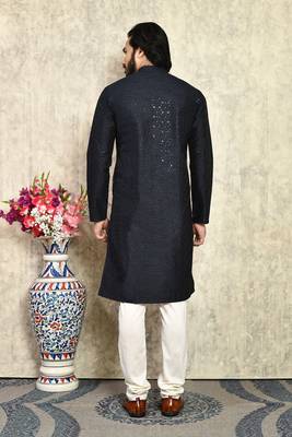 Blue plain art silk kurta pajama 3