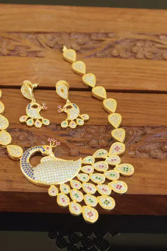 Designer gold plated cz peacock necklace set