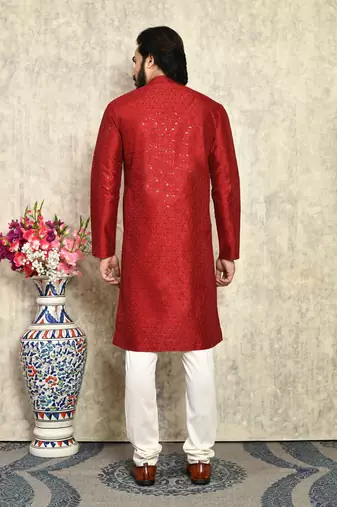 Maroon plain art silk kurta pajama
