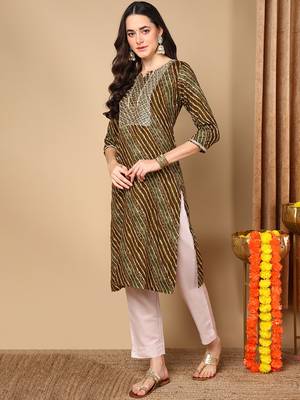 women olive viscose rayon leheriya embroidered straight kurta 3