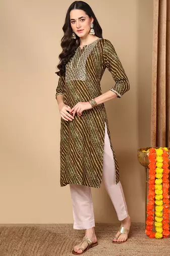 women olive viscose rayon leheriya embroidered straight kurta
