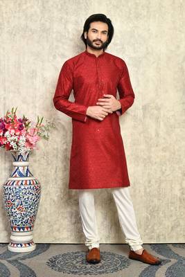 Maroon plain art silk kurta pajama 4