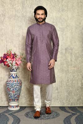 Purple plain art silk kurta pajama 1