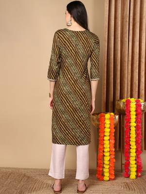 women olive viscose rayon leheriya embroidered straight kurta 4