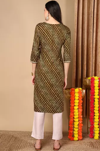 women olive viscose rayon leheriya embroidered straight kurta