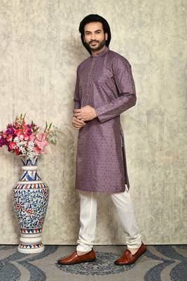 Purple plain art silk kurta pajama 2