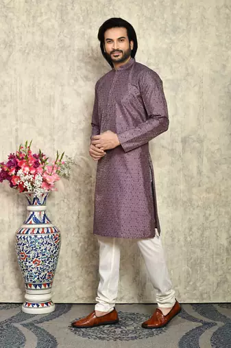 Purple plain art silk kurta pajama