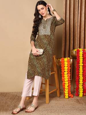 women olive viscose rayon leheriya embroidered straight kurta 5