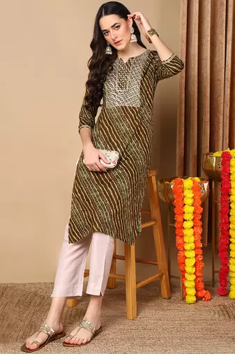 women olive viscose rayon leheriya embroidered straight kurta