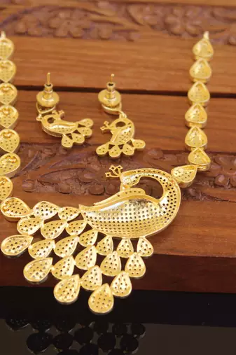 Designer gold plated cz peacock necklace set