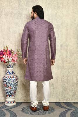 Purple plain art silk kurta pajama 3