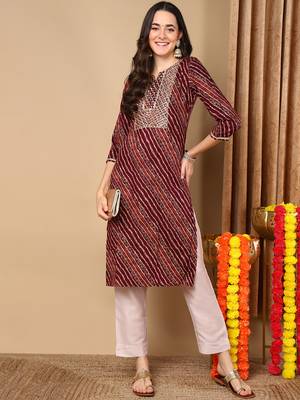 women burgundy viscose rayon leheriya embroidered straight kurta 1