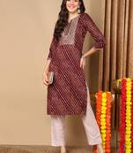 women burgundy viscose rayon leheriya embroidered straight kurta