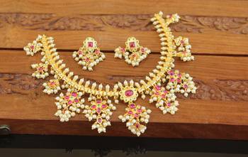 Designer gold plated real kempu guttha pusalu necklace set 1