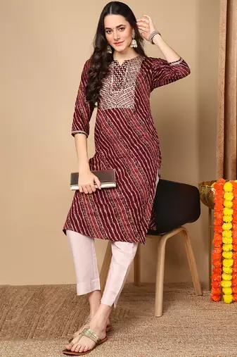 women burgundy viscose rayon leheriya embroidered straight kurta