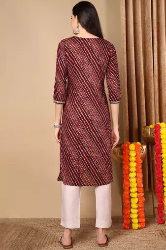 women burgundy viscose rayon leheriya embroidered straight kurta