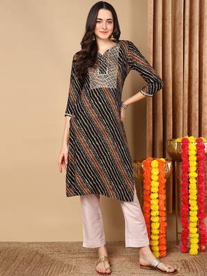 women black viscose rayon leheriya embroidered straight kurta 1