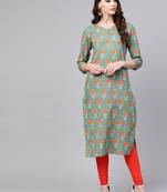 women green cotton floral printed straight kurta
