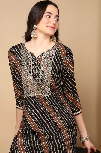 women black viscose rayon leheriya embroidered straight kurta
