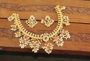 Designer gold plated real kempu guttha pusalu necklace set 2