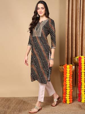 women black viscose rayon leheriya embroidered straight kurta 3