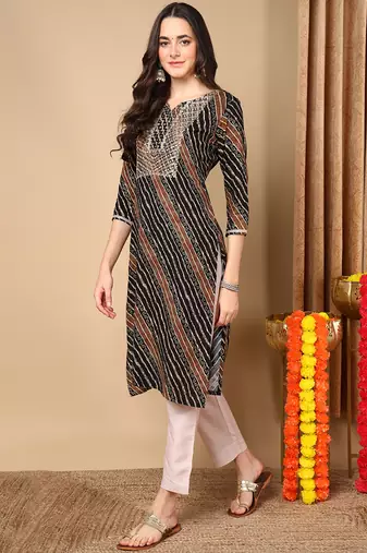 women black viscose rayon leheriya embroidered straight kurta