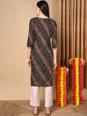 women black viscose rayon leheriya embroidered straight kurta 4