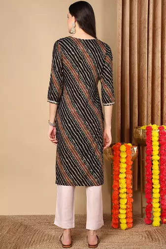 women black viscose rayon leheriya embroidered straight kurta
