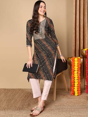 women black viscose rayon leheriya embroidered straight kurta 5