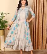 women grey cotton ethnic motifs embroidered a-line kurta with shrug