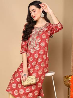 women rust silk blend ethnic motifs embroidered straight kurta 1
