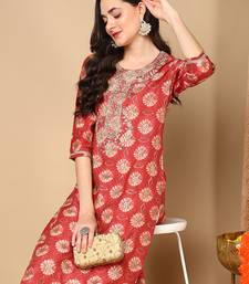 women rust silk blend ethnic motifs embroidered straight kurta