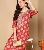 women rust silk blend ethnic motifs embroidered straight kurta
