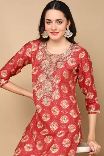 women rust silk blend ethnic motifs embroidered straight kurta