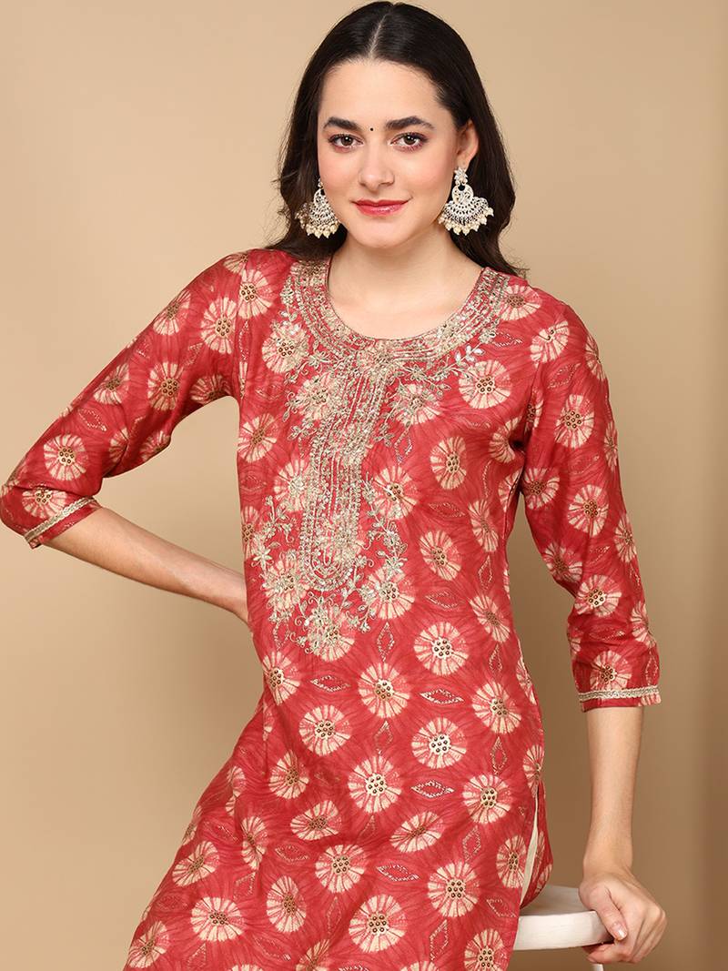 women rust silk blend ethnic motifs embroidered straight kurta