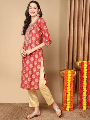women rust silk blend ethnic motifs embroidered straight kurta 3