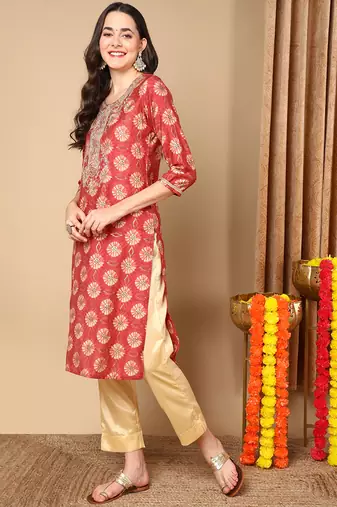 women rust silk blend ethnic motifs embroidered straight kurta