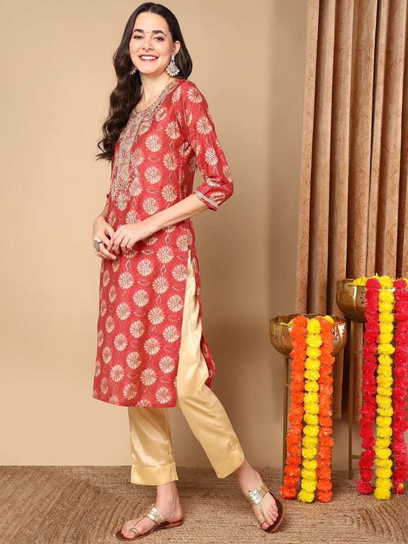 women rust silk blend ethnic motifs embroidered straight kurta