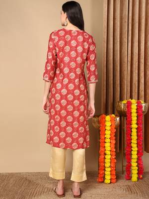 women rust silk blend ethnic motifs embroidered straight kurta 4