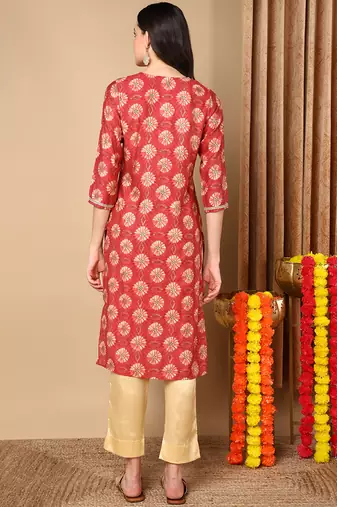 women rust silk blend ethnic motifs embroidered straight kurta