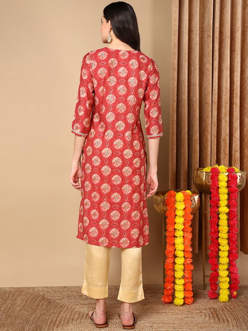 women rust silk blend ethnic motifs embroidered straight kurta