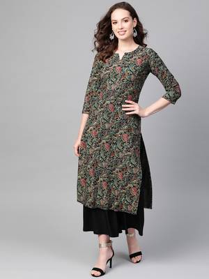 women black cotton ethnic motifs printed straight kurta 1