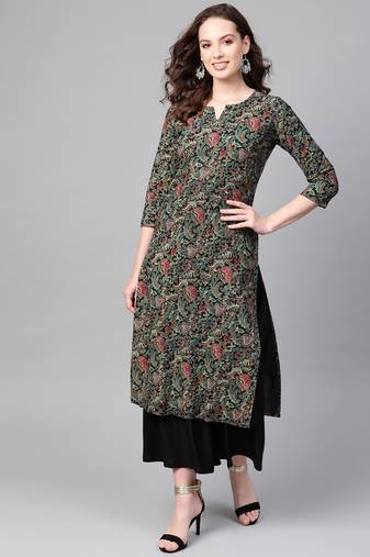 women black cotton ethnic motifs printed straight kurta