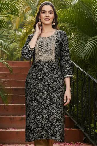 women black viscose rayon bandhani embroidered straight kurta