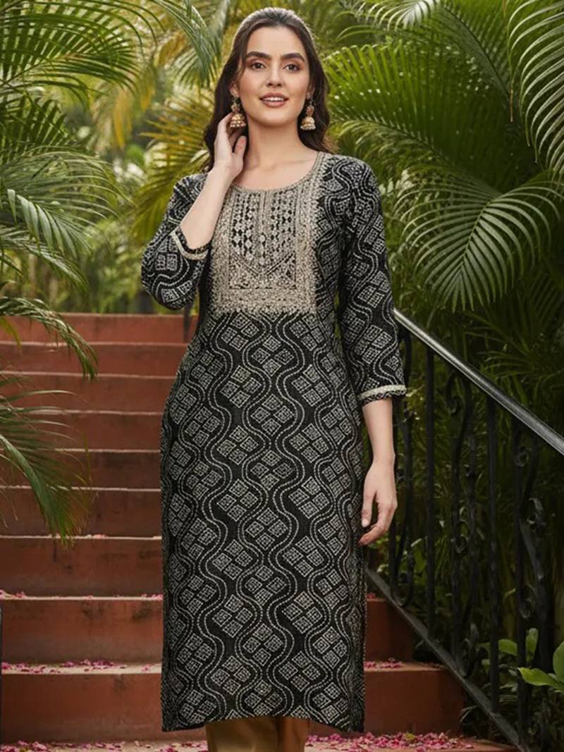 women black viscose rayon bandhani embroidered straight kurta
