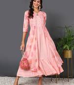 women pink cotton ethnic motifs embroidered a-line kurta with shrug