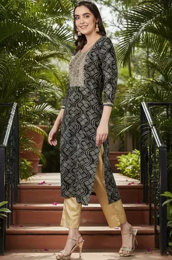 women black viscose rayon bandhani embroidered straight kurta